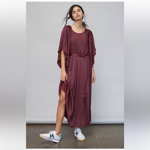 Anthropologie Dresses & Skirts - Anthropologie Cecile Wine Kimono Sleeve Satin Draped Maxi Dress Tie Waist S